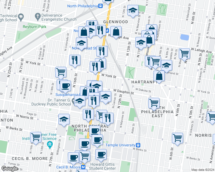 map of restaurants, bars, coffee shops, grocery stores, and more near in Philadelphia
