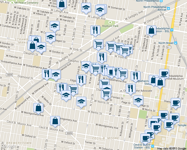map of restaurants, bars, coffee shops, grocery stores, and more near 2229 North Van Pelt Street in Philadelphia