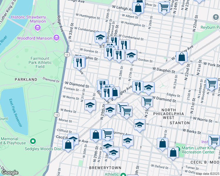 map of restaurants, bars, coffee shops, grocery stores, and more near in Philadelphia