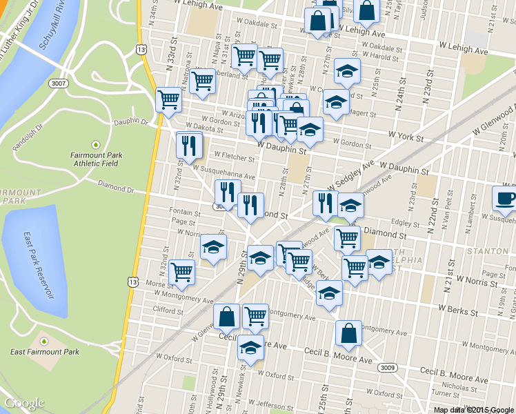 map of restaurants, bars, coffee shops, grocery stores, and more near in Philadelphia