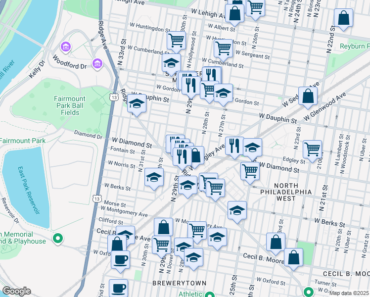 map of restaurants, bars, coffee shops, grocery stores, and more near in Philadelphia