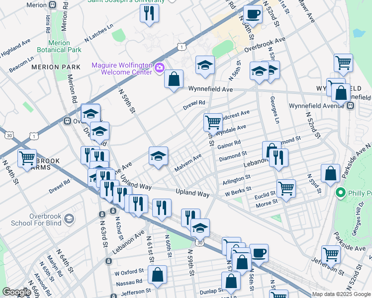 map of restaurants, bars, coffee shops, grocery stores, and more near 5819 Woodcrest Avenue in Philadelphia