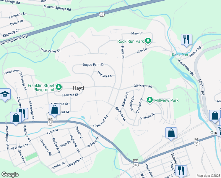 map of restaurants, bars, coffee shops, grocery stores, and more near 710 Franklin Street in Coatesville