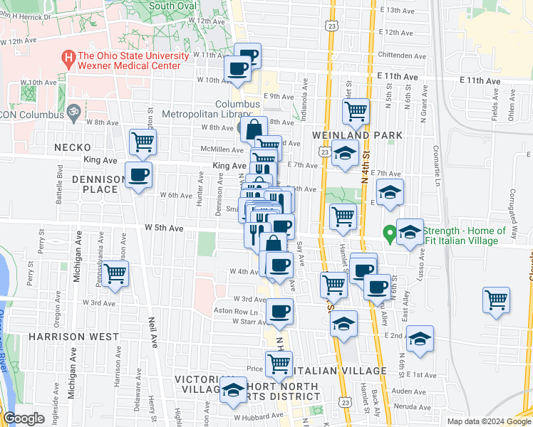 map of restaurants, bars, coffee shops, grocery stores, and more near 1276 North High Street in Columbus