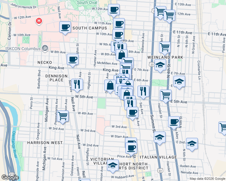 map of restaurants, bars, coffee shops, grocery stores, and more near 46 Smith Place in Columbus
