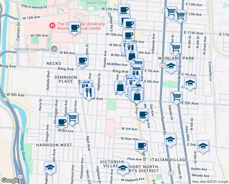 map of restaurants, bars, coffee shops, grocery stores, and more near 1293 Dennison Avenue in Columbus