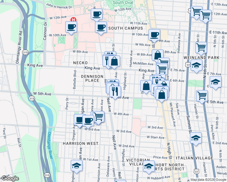 map of restaurants, bars, coffee shops, grocery stores, and more near 1322 Neil Avenue in Columbus