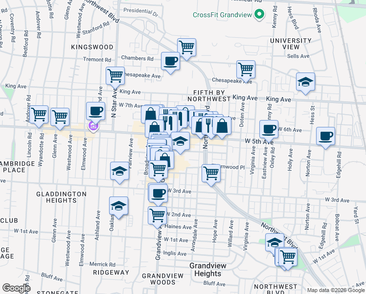 map of restaurants, bars, coffee shops, grocery stores, and more near 1349 West 5th Avenue in Columbus