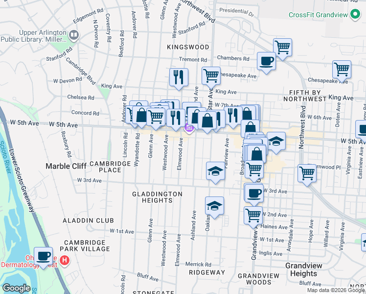 map of restaurants, bars, coffee shops, grocery stores, and more near 1535 Elmwood Avenue in Columbus