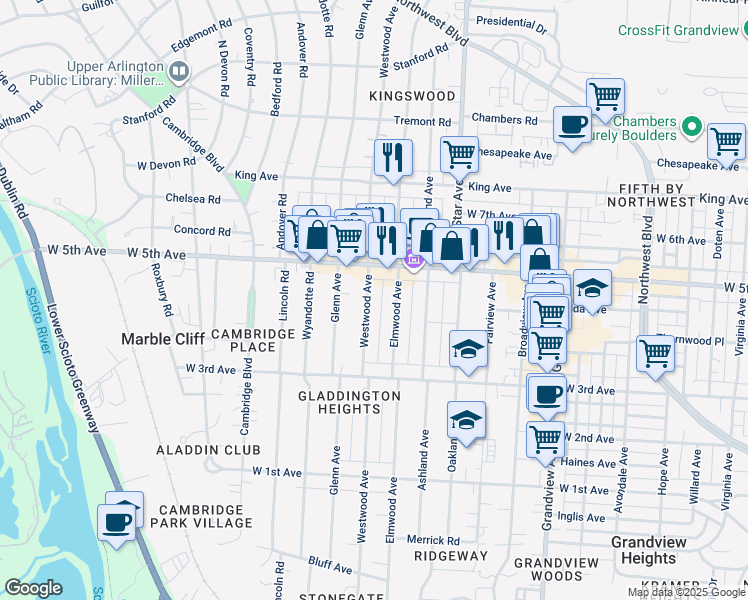 map of restaurants, bars, coffee shops, grocery stores, and more near 1535 Elmwood Avenue in Columbus