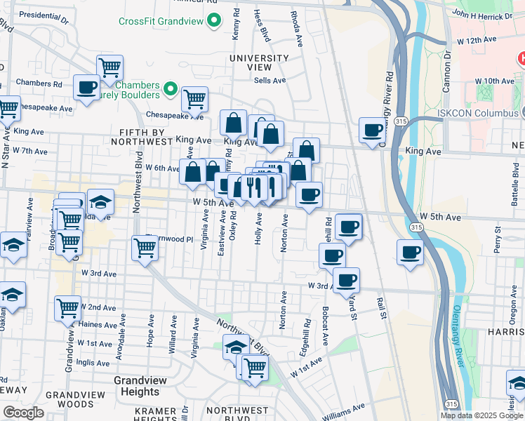 map of restaurants, bars, coffee shops, grocery stores, and more near 1401 Holly Avenue in Columbus