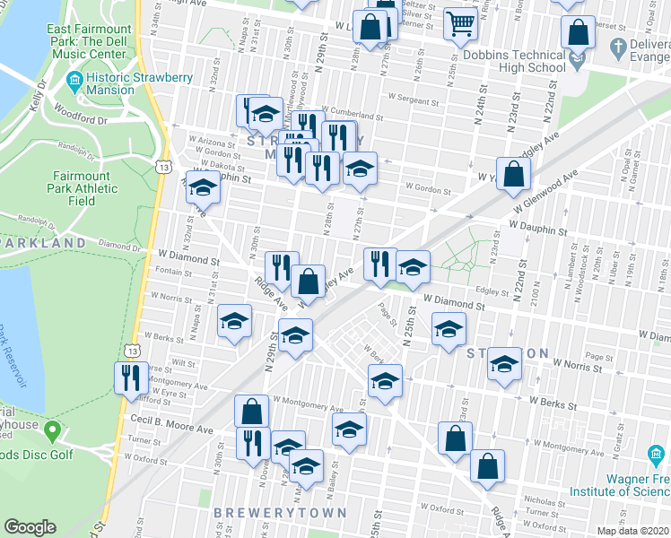 map of restaurants, bars, coffee shops, grocery stores, and more near 2117 North Marston Street in Philadelphia