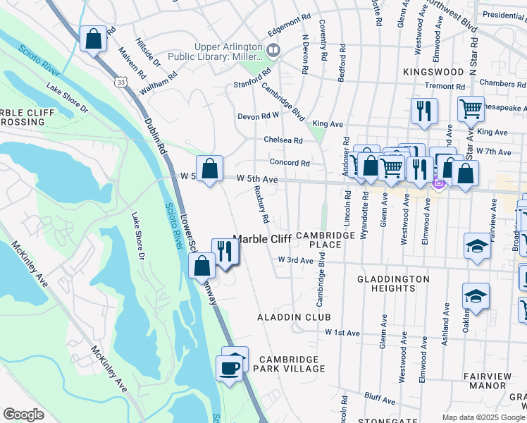 map of restaurants, bars, coffee shops, grocery stores, and more near 1591 Roxbury Road in Columbus