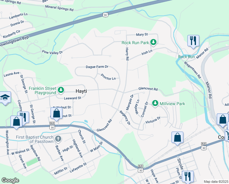 map of restaurants, bars, coffee shops, grocery stores, and more near 710 Franklin Street in Coatesville