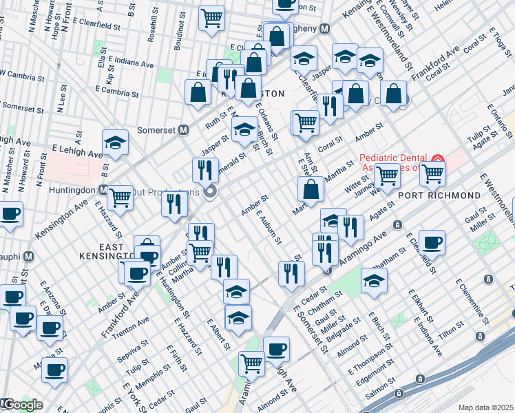 map of restaurants, bars, coffee shops, grocery stores, and more near 2841 Amber Street in Philadelphia