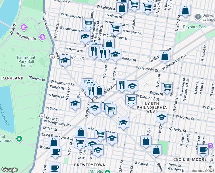 map of restaurants, bars, coffee shops, grocery stores, and more near 2117 North Marston Street in Philadelphia