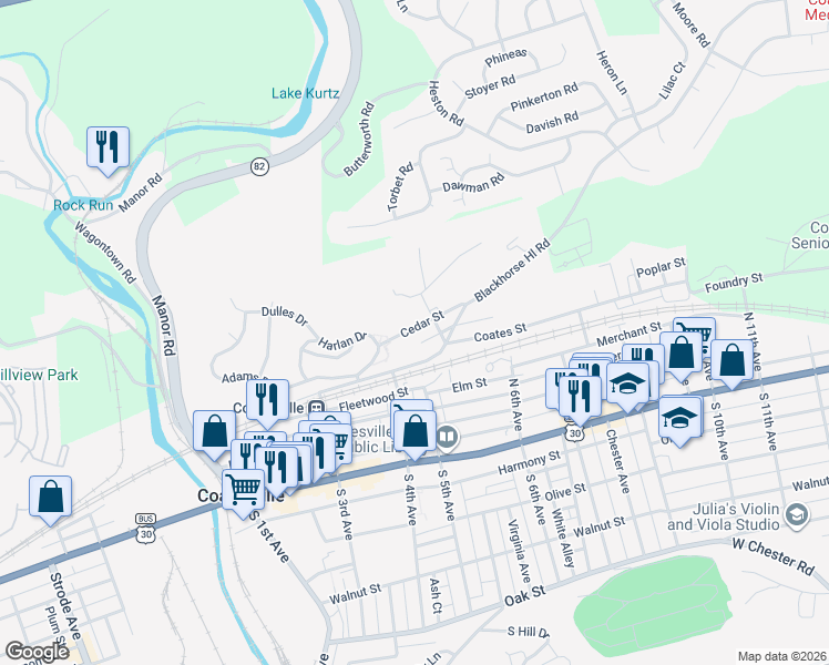 map of restaurants, bars, coffee shops, grocery stores, and more near 417 Cedar Street in Coatesville