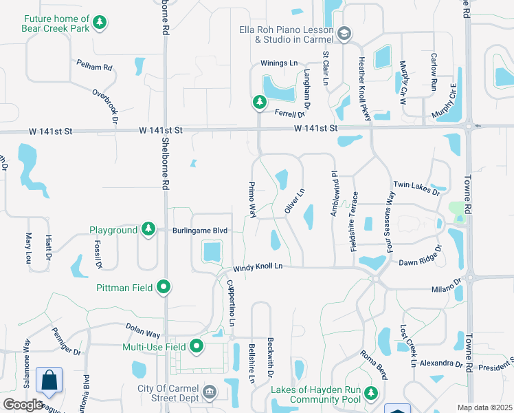 map of restaurants, bars, coffee shops, grocery stores, and more near 13839 Primo Way in Westfield