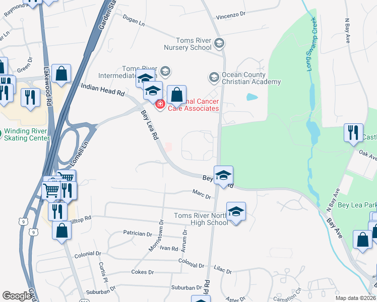 map of restaurants, bars, coffee shops, grocery stores, and more near Green View Way in Ocean