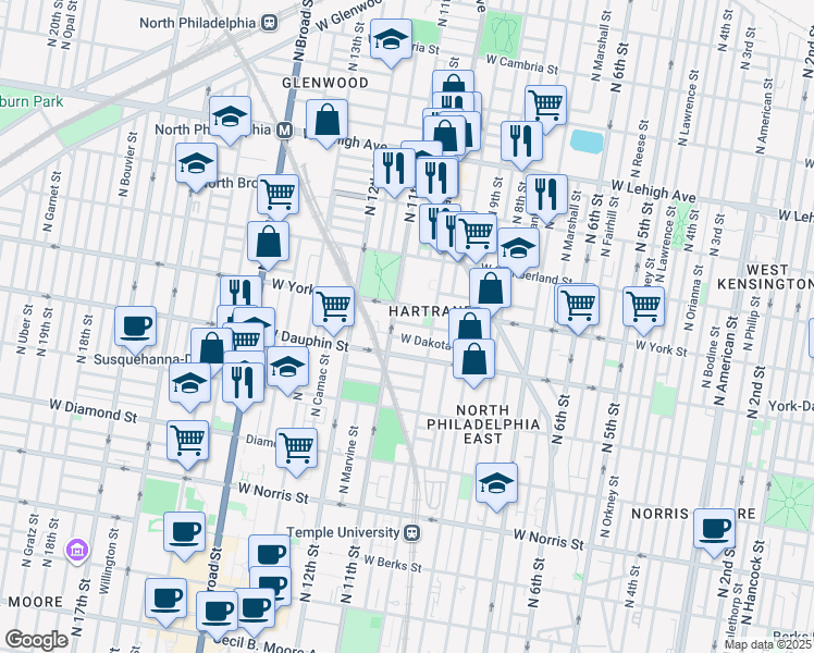 map of restaurants, bars, coffee shops, grocery stores, and more near 1036 West York Street in Philadelphia