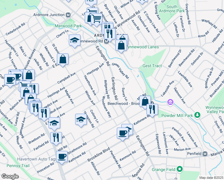 map of restaurants, bars, coffee shops, grocery stores, and more near 1637 Earlington Road in Havertown