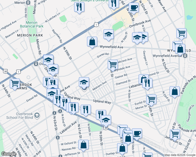 map of restaurants, bars, coffee shops, grocery stores, and more near 5819 Woodcrest Avenue in Philadelphia