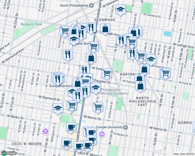 map of restaurants, bars, coffee shops, grocery stores, and more near 2313 North Park Avenue in Philadelphia