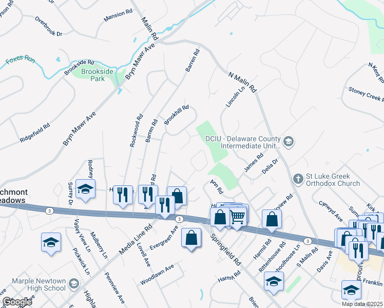 map of restaurants, bars, coffee shops, grocery stores, and more near 118 Newby Drive in Newtown Square