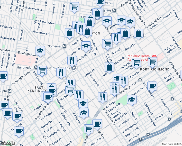 map of restaurants, bars, coffee shops, grocery stores, and more near 2845 Amber Street in Philadelphia
