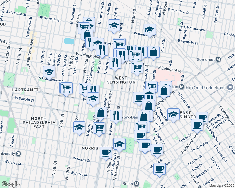 map of restaurants, bars, coffee shops, grocery stores, and more near 2461 North Philip Street in Philadelphia
