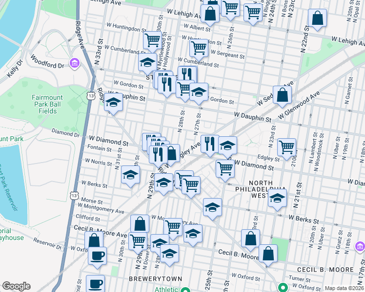map of restaurants, bars, coffee shops, grocery stores, and more near 2139 North 28th Street in Philadelphia
