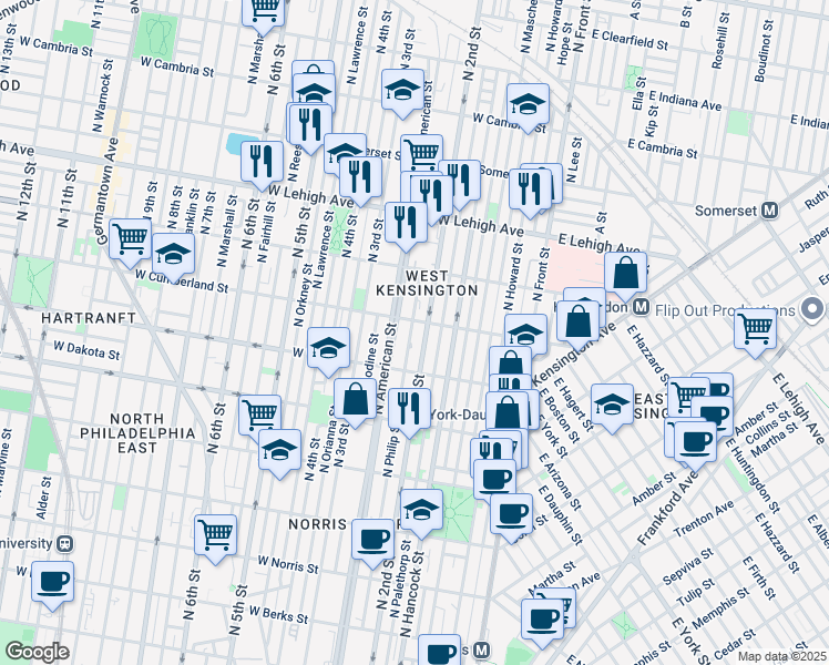 map of restaurants, bars, coffee shops, grocery stores, and more near 2461 North Philip Street in Philadelphia