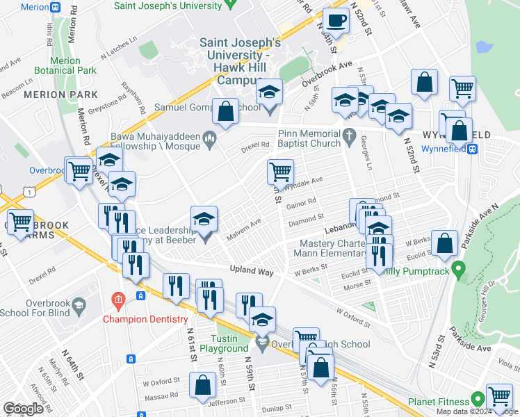 map of restaurants, bars, coffee shops, grocery stores, and more near 5729 Wyndale Avenue in Philadelphia