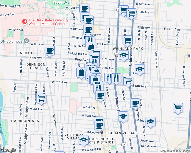 map of restaurants, bars, coffee shops, grocery stores, and more near 1276 North High Street in Columbus