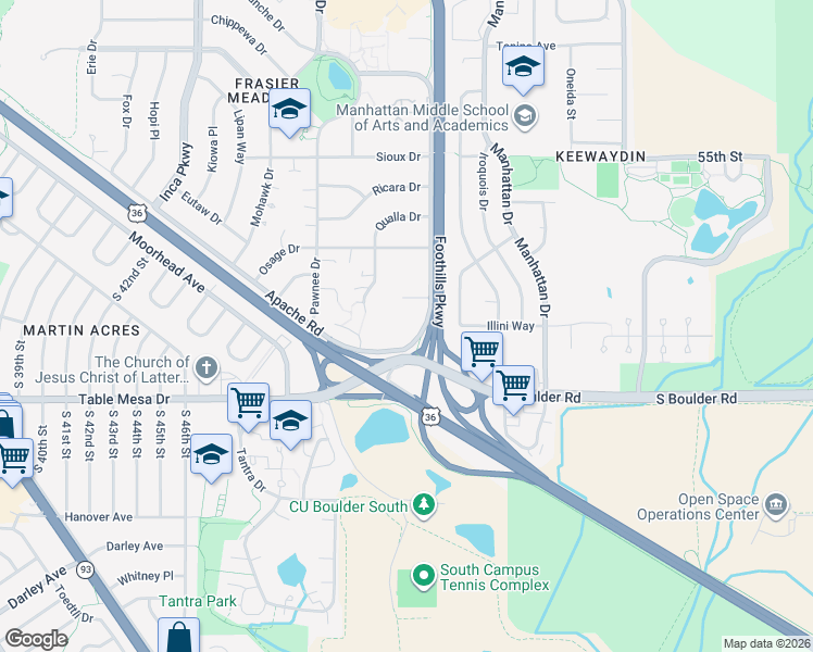 map of restaurants, bars, coffee shops, grocery stores, and more near 4940 Thunderbird Circle in Boulder