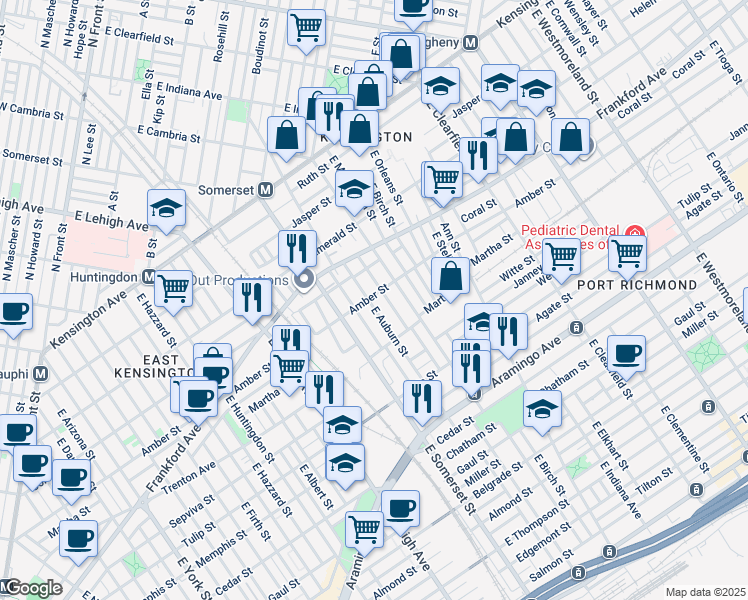 map of restaurants, bars, coffee shops, grocery stores, and more near 2841 Amber Street in Philadelphia