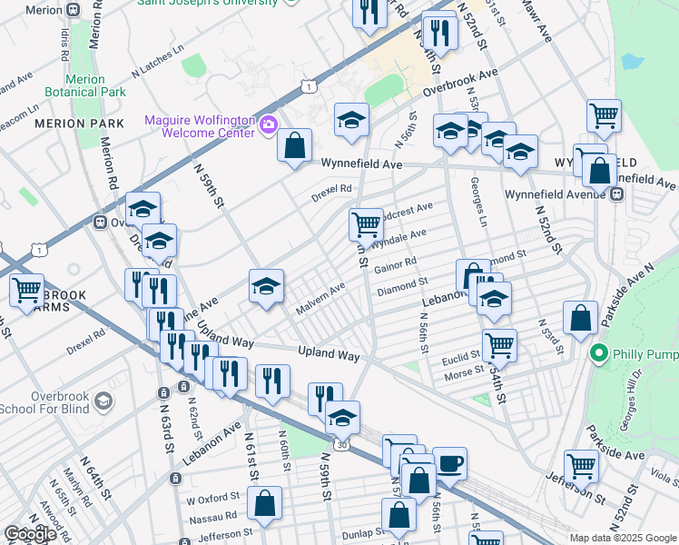 map of restaurants, bars, coffee shops, grocery stores, and more near 5729 Wyndale Avenue in Philadelphia