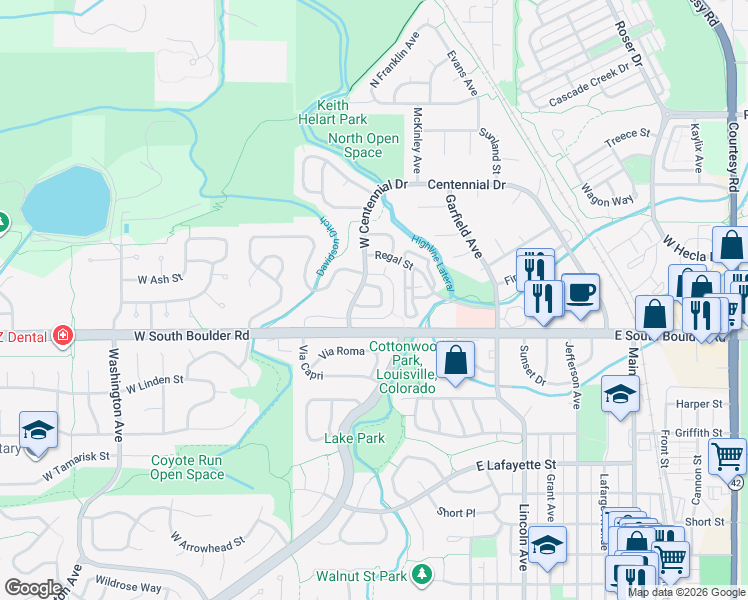 map of restaurants, bars, coffee shops, grocery stores, and more near 1830 West Centennial Drive in Louisville