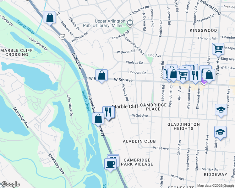 map of restaurants, bars, coffee shops, grocery stores, and more near 1599 Roxbury Road in Marble Cliff