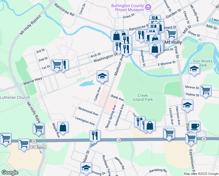 map of restaurants, bars, coffee shops, grocery stores, and more near 99 Madison Avenue in Mount Holly