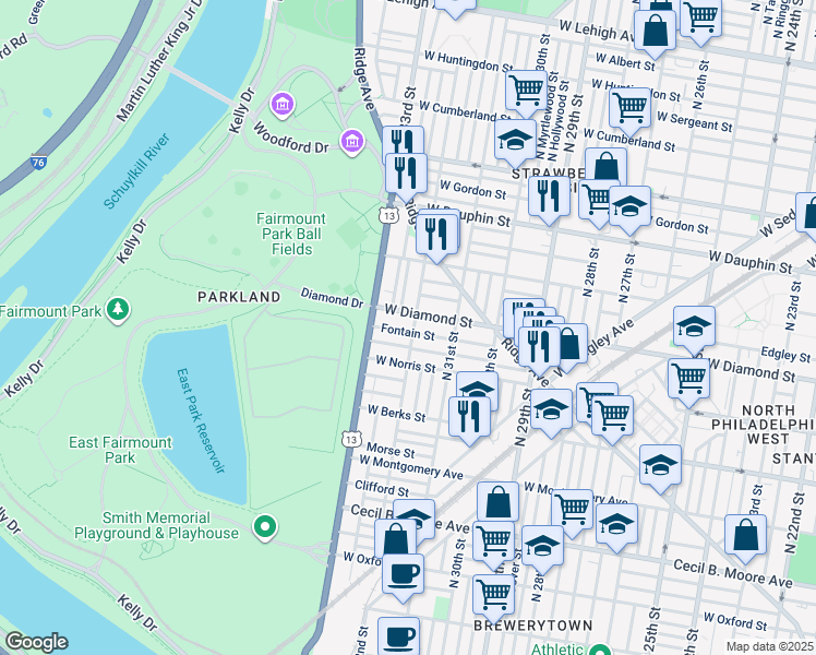 map of restaurants, bars, coffee shops, grocery stores, and more near 2038 North 32nd Street in Philadelphia