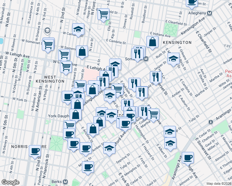 map of restaurants, bars, coffee shops, grocery stores, and more near 1836 East Albert Street in Philadelphia