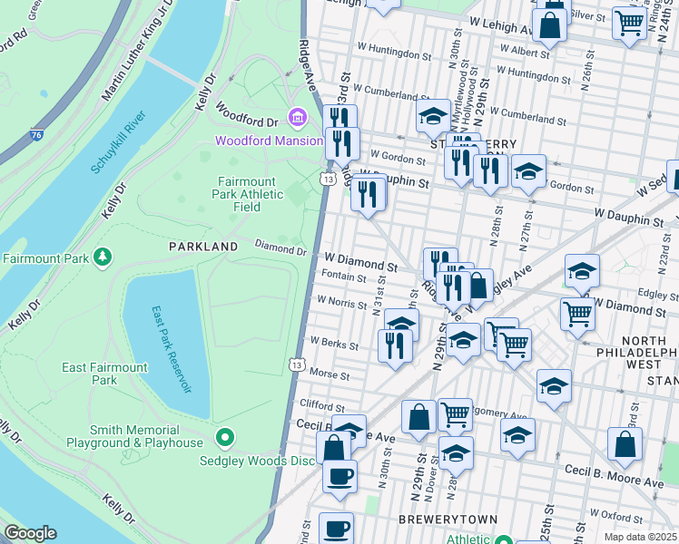 map of restaurants, bars, coffee shops, grocery stores, and more near 3213 Fontain Street in Philadelphia