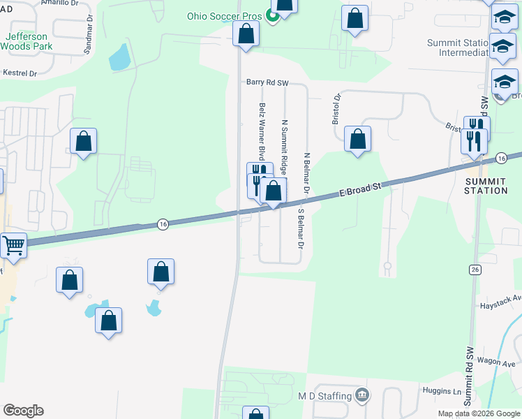 map of restaurants, bars, coffee shops, grocery stores, and more near 8900 East Broad Street in Pataskala