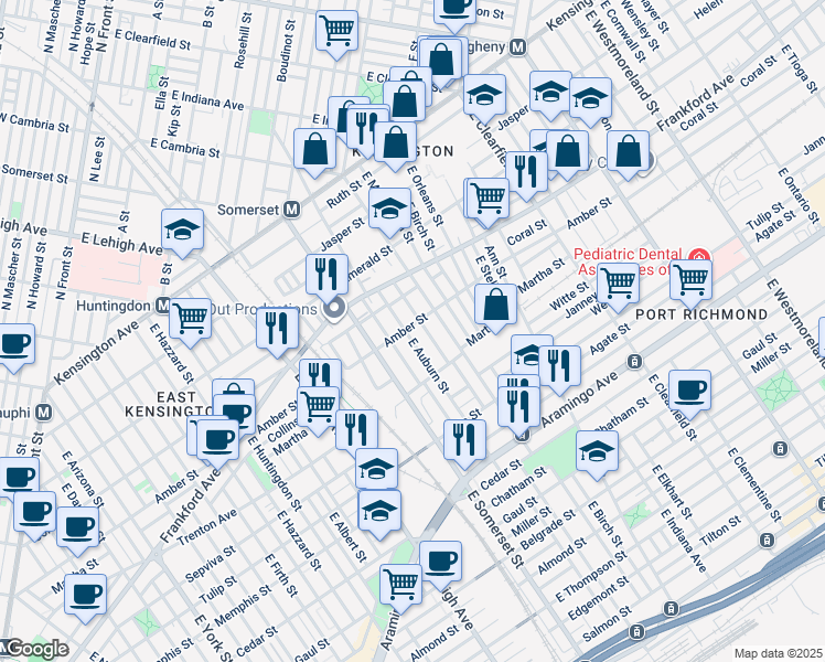 map of restaurants, bars, coffee shops, grocery stores, and more near 2845 Amber Street in Philadelphia