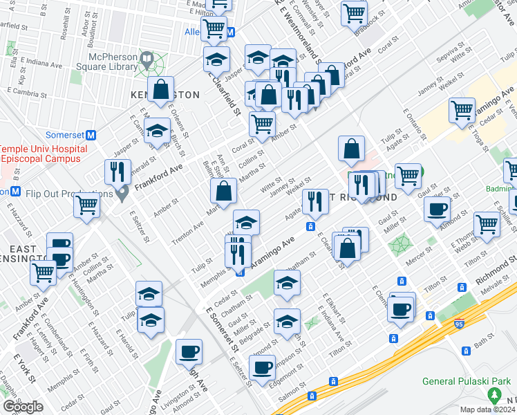 map of restaurants, bars, coffee shops, grocery stores, and more near 3023 Janney Street in Philadelphia
