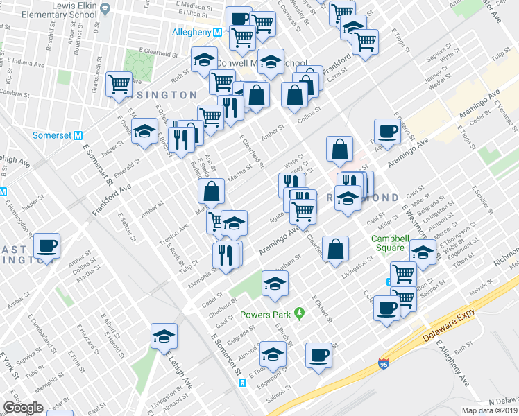 map of restaurants, bars, coffee shops, grocery stores, and more near 3045 Weikel Street in Philadelphia