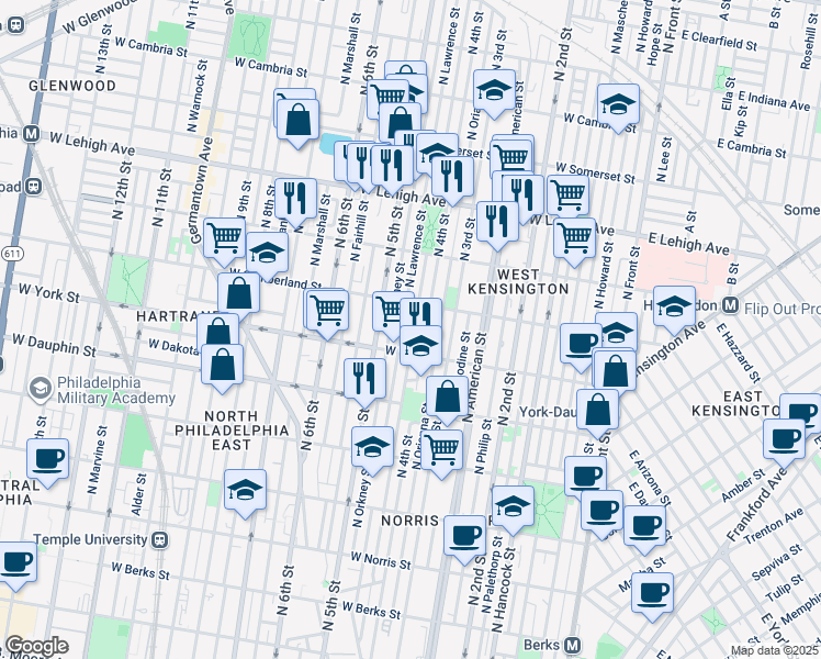 map of restaurants, bars, coffee shops, grocery stores, and more near 2453 North Leithgow Street in Philadelphia