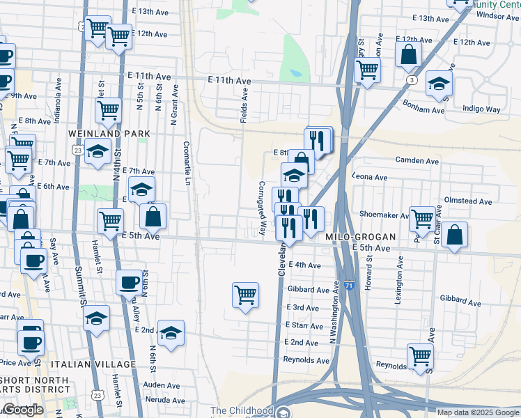 map of restaurants, bars, coffee shops, grocery stores, and more near 1159 Corrugated Way in Columbus