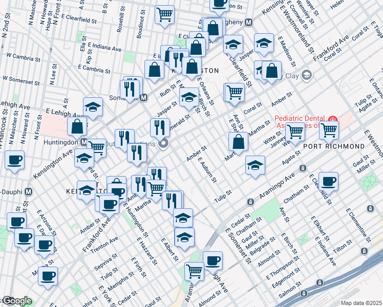 map of restaurants, bars, coffee shops, grocery stores, and more near 2828 Amber Street in Philadelphia